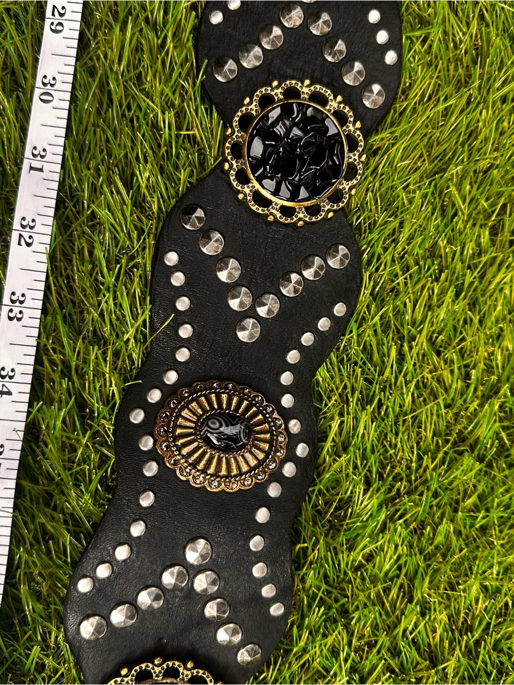 Black Leather Belt with Gold-Tone Oval Buckle and Decorative Accents - Picture 2 of 7